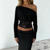 Fashion Lace Splicing Slim Waist T-shirt Spring Autumn Crop Tops Women's Long Sleeve Sweet Blouse Off-Shoulder Loose Elegant Sexy Slim-Fit Casual Tops
