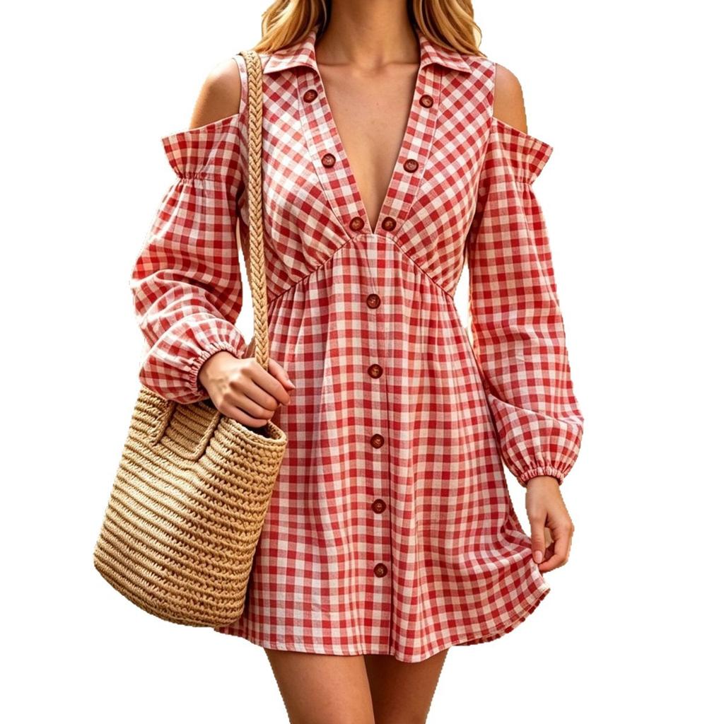 Autumn European and American New Products Retro Style Off-the-shoulder Lantern Sleeves Plaid Long Sleeves Elastic Waist Commuter Dress