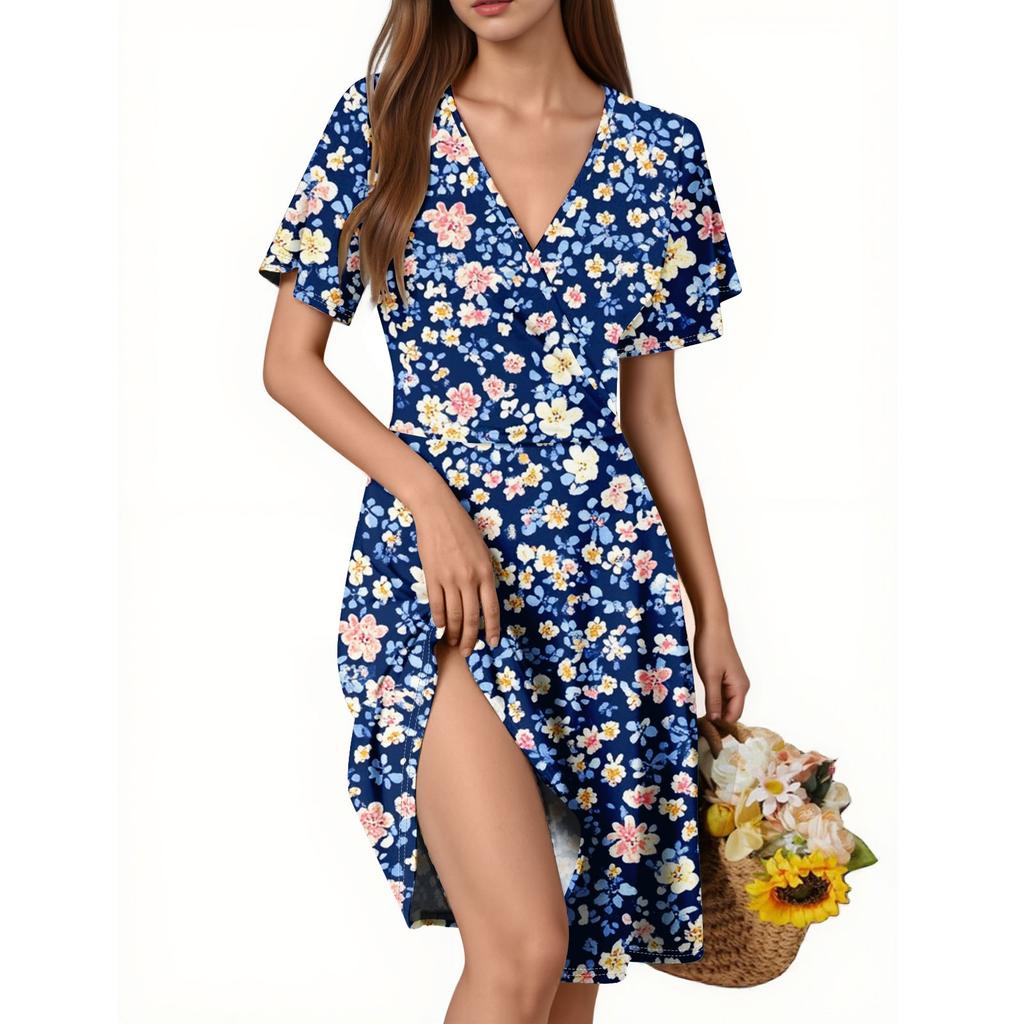 Damenkleid Trompetenärmel Kurzarm Lässiges Blumenkleid mit V-Ausschnitt