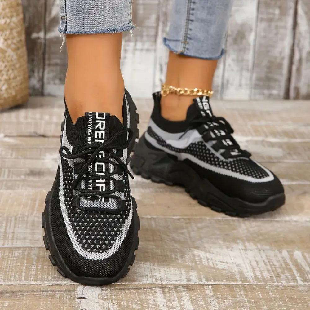 Women's Breathable Woven Sneakers - Lightweight Casual Platform Running Shoes Low-Top Lace-Up Desig Ladies Sneakers