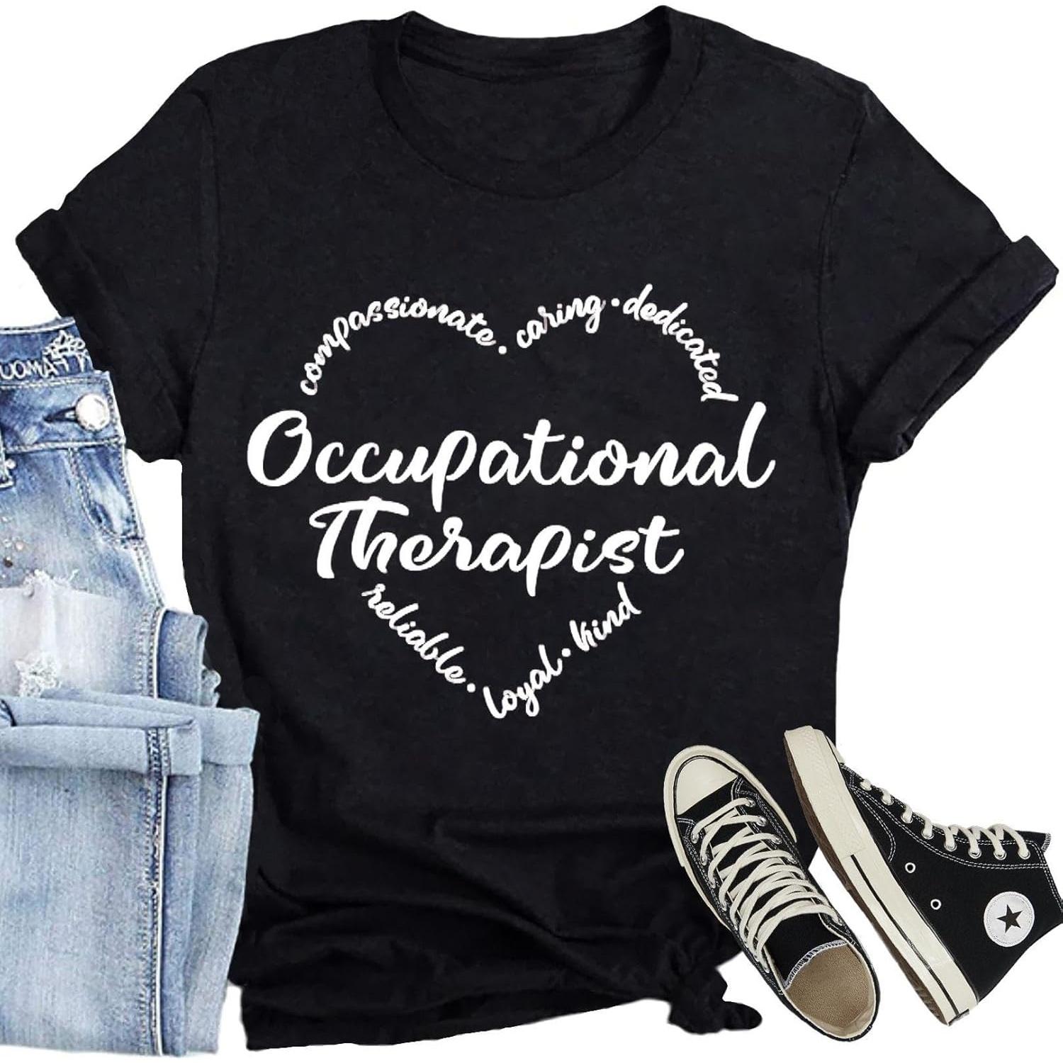 Women Occupational Therapy Shirt Occupational Therapist Heart T-Shirt Casual OT Tee Tops S чёрный
