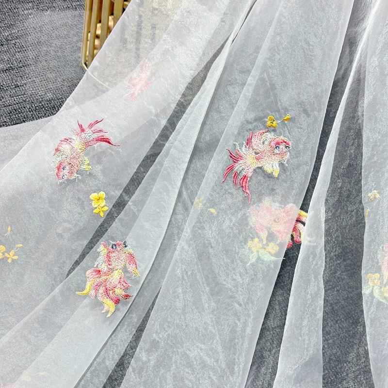 Printing Silk Chiffon Fabric Koi Carp Embroidery Fabric Tulle Handmade DIY Chinese Ancient Hanfu Stage Dance Dress Wedding Decor