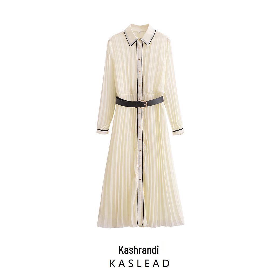

Spring 2025 Women s European & American Style Belted Pleated Dress M