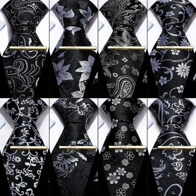 Fashion Mens Necktie Set Black&white Silk Floral Paisley Tie Hanky Cufflinks and Tie Clip Set