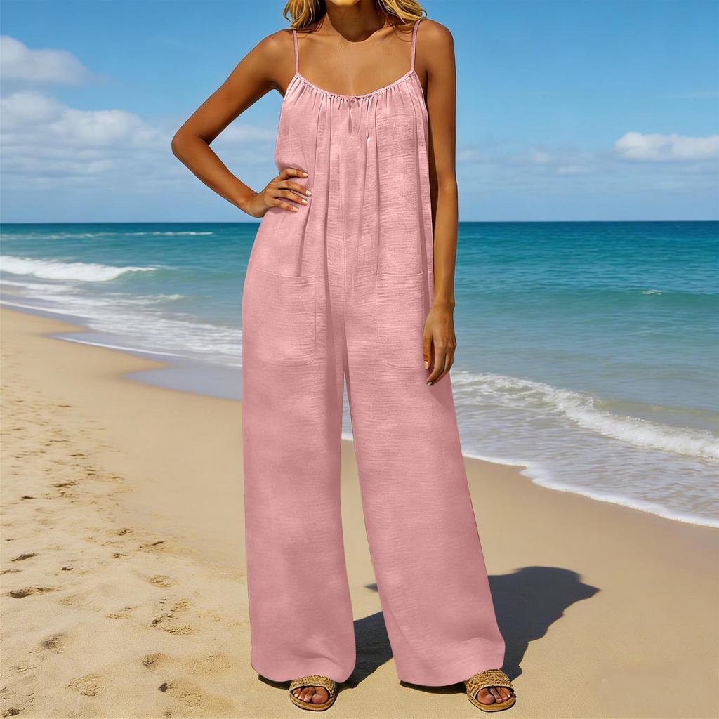 Damen-Jumpsuit, Lässige und lockere Passform, Mit rückenfreiem Design und dünnen Vintage-Trägern. Dieser Loungewear-Jumpsuit ist aus Baumwolle und Li