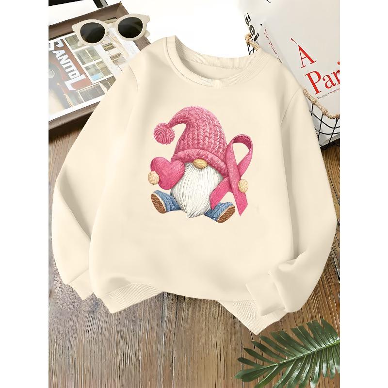 Kids Unisex Crewneck Sweatshirt, Pink Ribbon Gnome Heart Breast Cancer Awareness Print Soft Long Sleeve Pullover For Boys Girls Over 4 Years Old