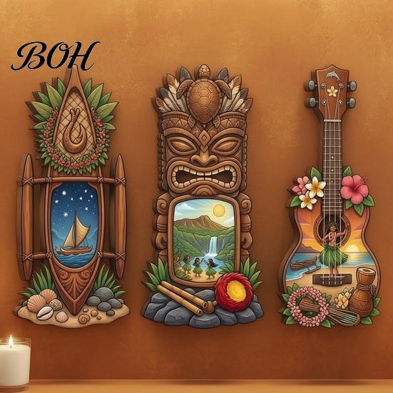 Three-piece Pendant Set 3Pcs Hawaiian Tiki Wooden Wall Hanging Sign, Tropical Surf Coastal Art, Art Exquisite Plaque for Home Bar Patio Decor