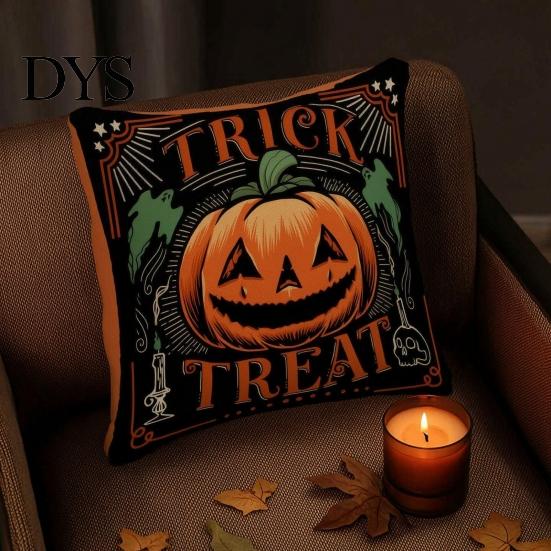 Decorative Bed Cushion Covers 4Pcs/Set Halloween Linen Covers, 18x18 Inch Retro Throw Pillow Cases, Soft Skeleton Pumpkin Black Cat Witch for