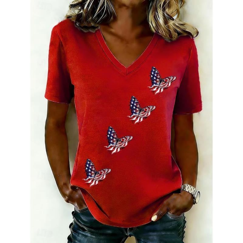Women's T Shirt Print Graphic Flag American Flag Vintage Stylish Classic Short Sleeve V Neck Regular Tops Summer Spring
