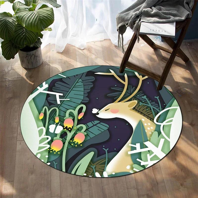 Forest Deer Round Carpet Soft Cartoon Rug Non-Slip Circle Floor Mat for Living Room Bedroom Sofa Bathroom Children's Dorm Decor