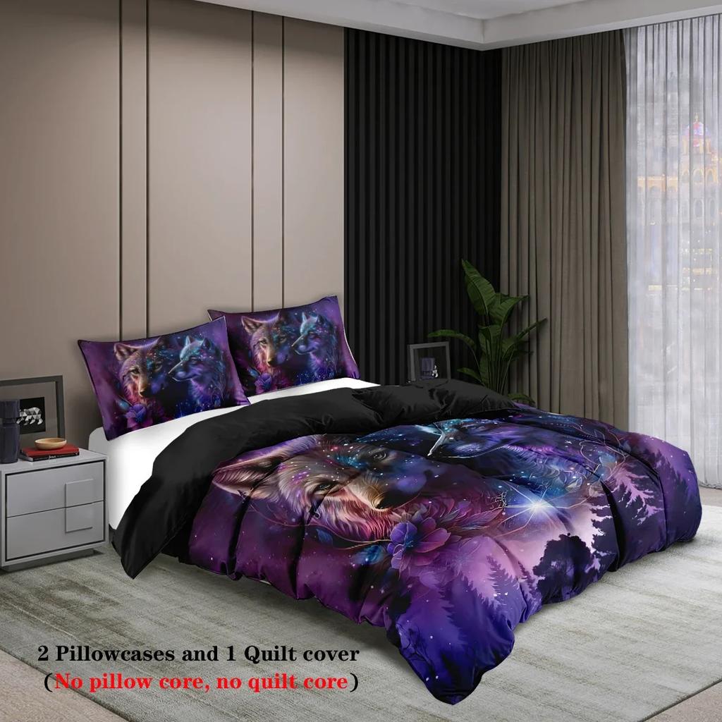 3Pcs Wolf At Night Pattern Printed Bedding Set, 1*Duvet Cover+2*Pillowcase, Suitable For King Bed, Single Bed For All Seasons