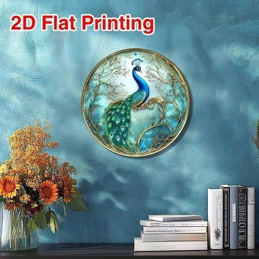 Round 20 cm Gold Peacock Wall Art, Vintage Metal Poster for Living Room