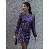 Sequin Sexy Goddess Party Battle Robe Fancy Mysterious Purple Bare Back Sequin Long Sleeve Narrow Dress