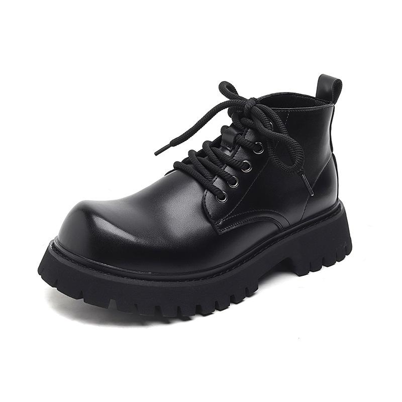Men's Casual Business Office Platform Boots Lace-up Natural Leather Shoes Cowboy Ankle Boot Black Trendy Autumn Winter Botas Man
