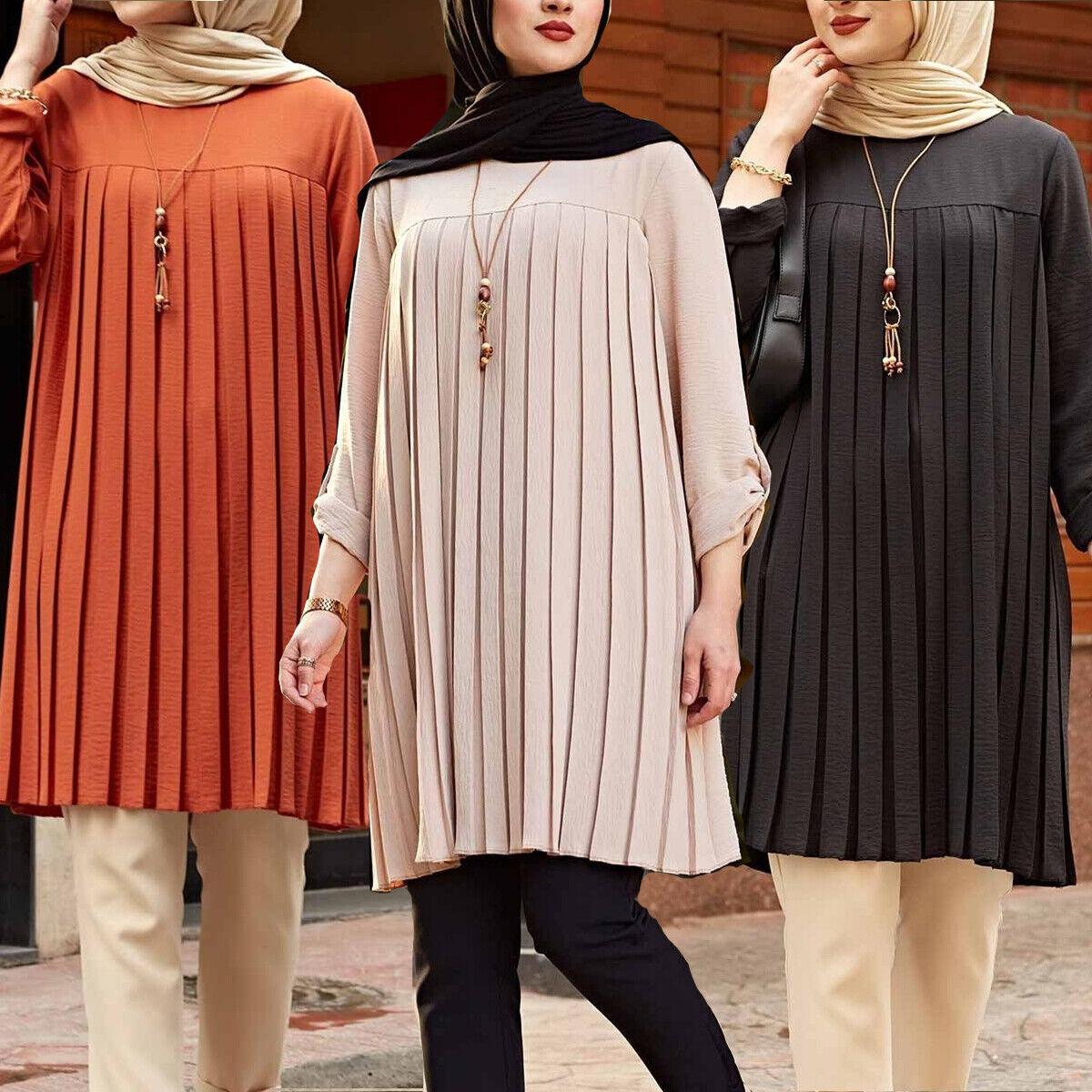 

Women Thin Tops Pleated Blouse Loose Round Neck Solid Color Retro Abaya Dubai Vintage Long Sleeve Plus Size Shirt