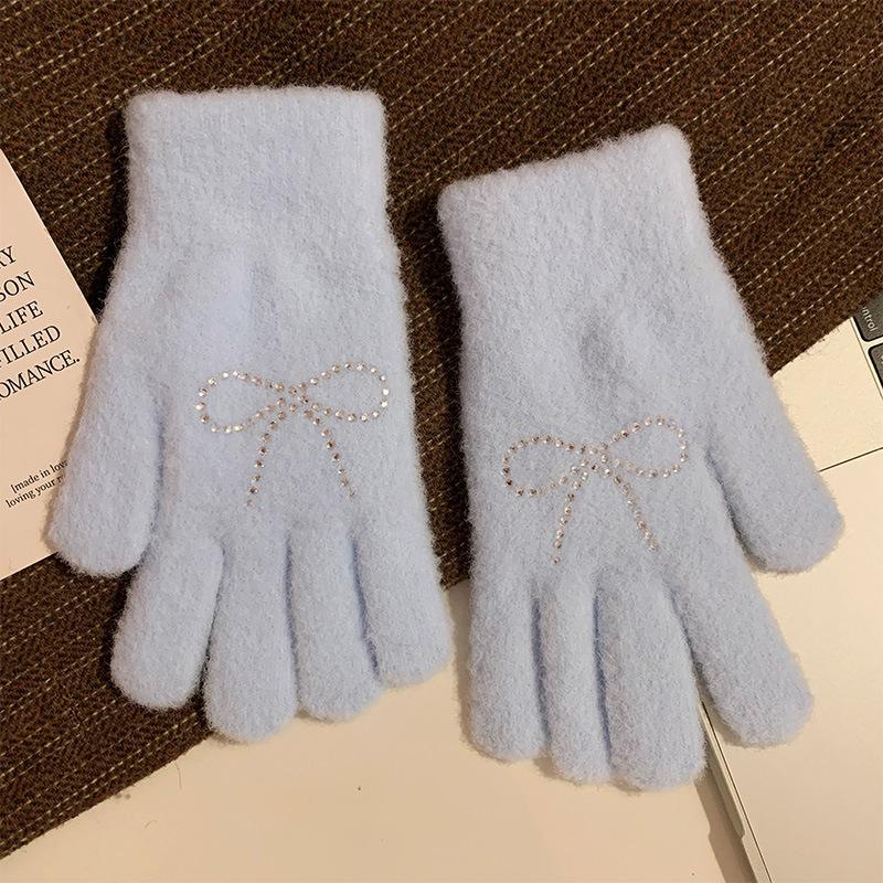 Cute Water Diamond Rabbit Finger Plush Gloves for Girls Thickened In Autumn and Winter To Keep Warm  Student Outdoor Cycling Trend