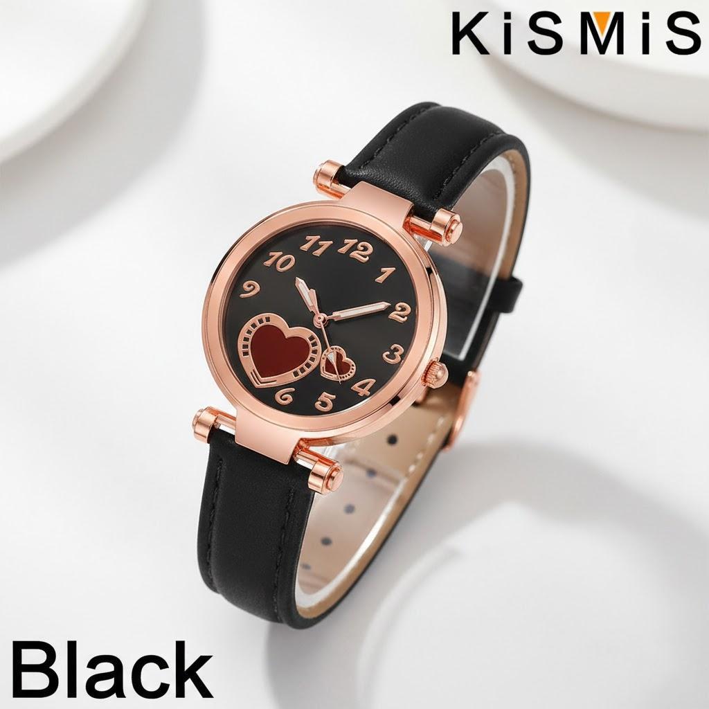 Women s Quartz Watch with Heart Design Frosted Leather Strap Stylish Peach Color Wristwatch чёрный