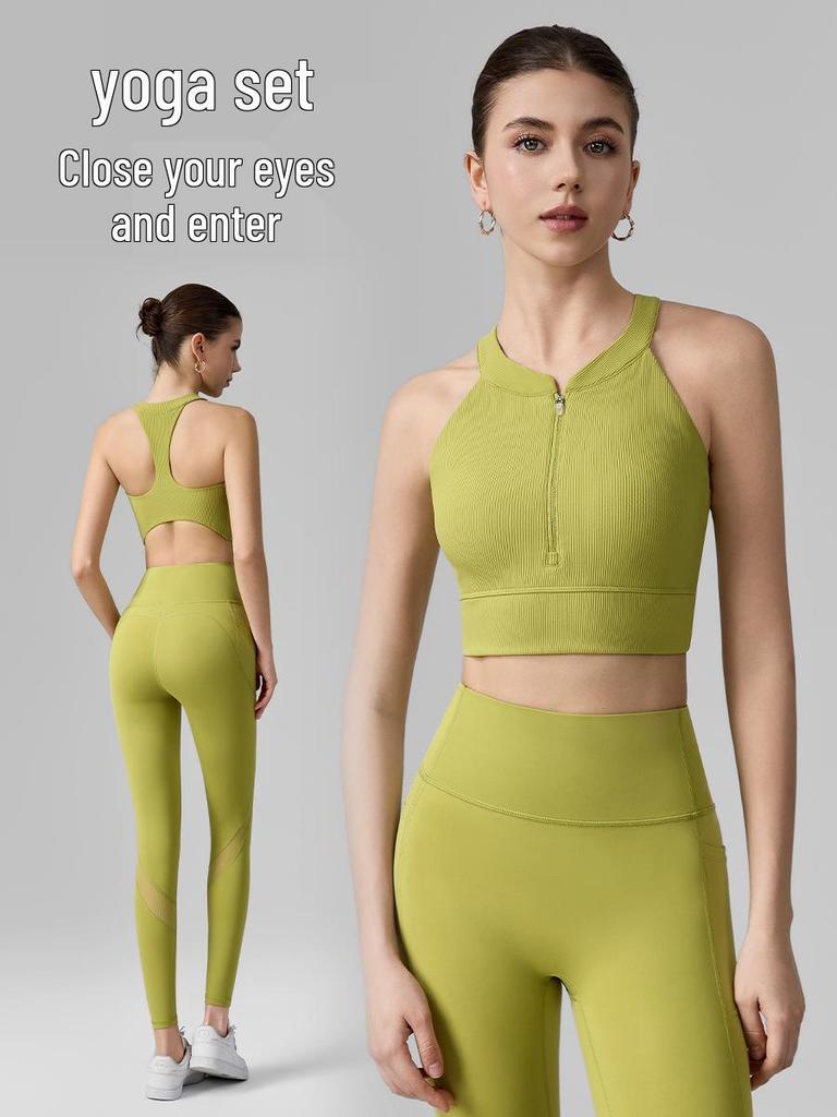 Women's High-Intensity Yoga Set: Zipper Sports Bra & Mesh Leggings with Pocket