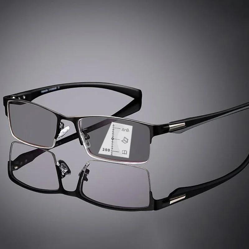 Men Half Frame Business Photochromic Presbyopia Glasses Anti-Blue Light Far Sight Glasses Progressive Multifocal Reading Glasses