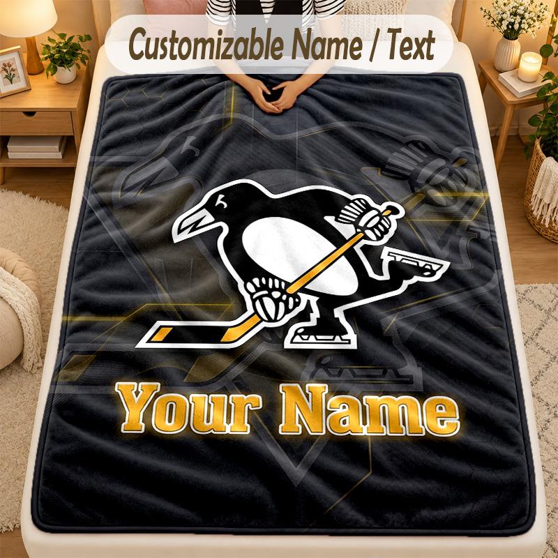 Flannel BlanketPittsburgh Penguins Custom Name Text Personalized Soft Warm Throw Blanket Home Decor Gift