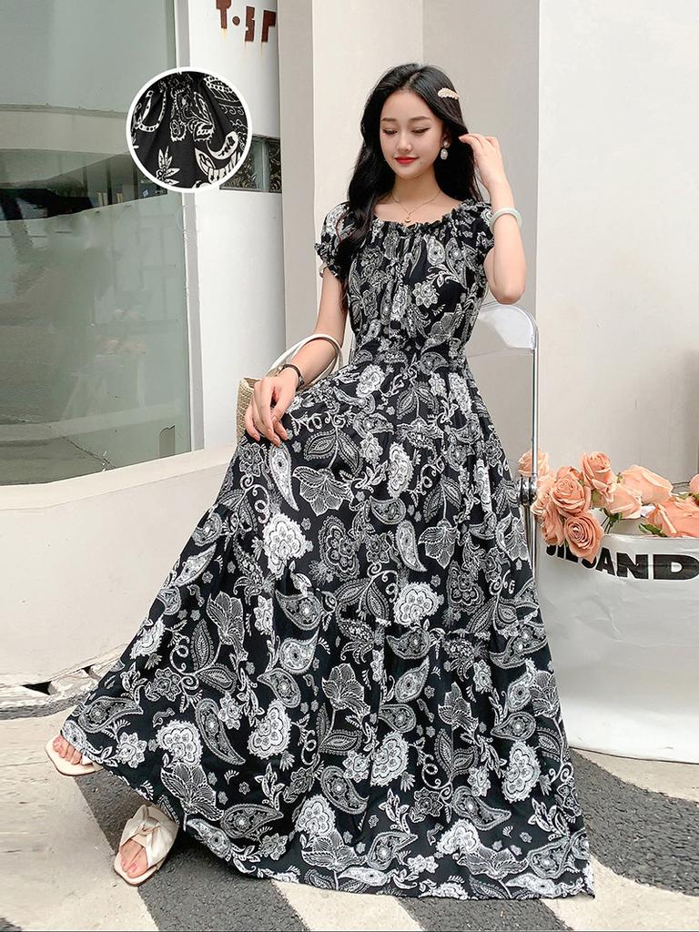 2024 Women's Beach Dress Short Sleeve Floral Dress Cotton Travel Vacation Bohemian Skirt Summer Halter