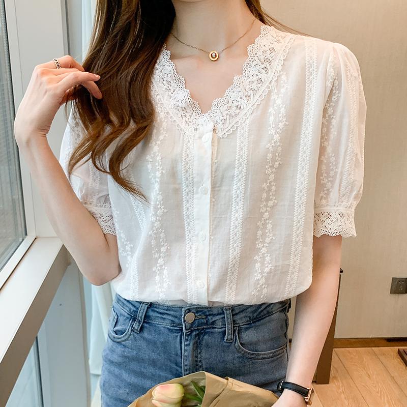 Sommer Kurzarm Spitze V-ausschnitt Bluse Shirt Frauen Tops J179