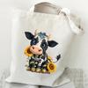 Cute Sunflower Cow Print Canvas Tote Bag Large Capacity Student Beach Travel Shoulder Shopping Bag