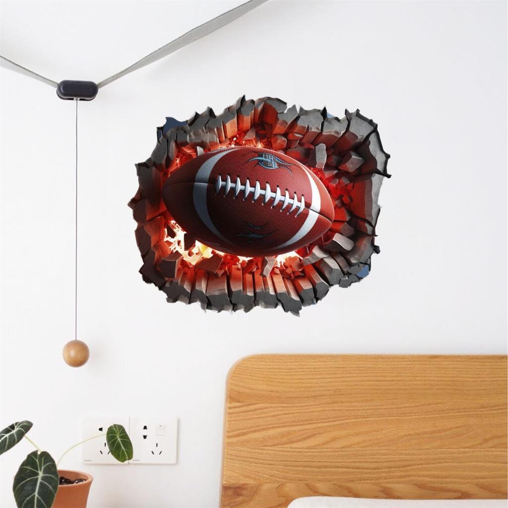 3D Football Wall Decal Rugby Break Through Wall Stickers Peel And Stick For Man Cave Teen Kids Boys Bedroom Playroom Game Rooms Decor Sport Wall