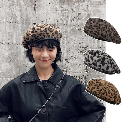 Vintage Leopard Women Beret Hat Autumn Winter Woolen Octagonal Versatile Cowboy Cap Korean Girl Windproof Painter Artist Hats