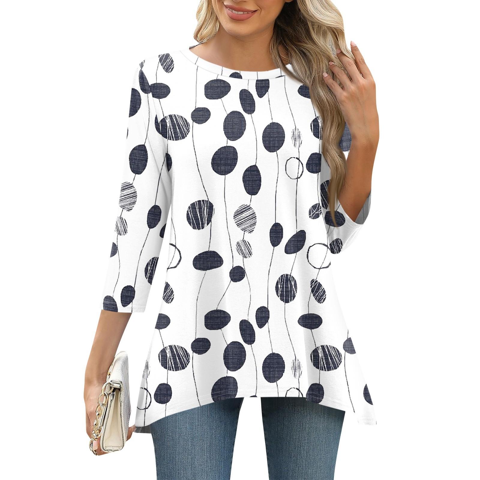 

3/4 рукав туника топы для женщин принтованный повседневный выходной свободный крой модная базовая футболка с круглым вырезом M тёмно-синий