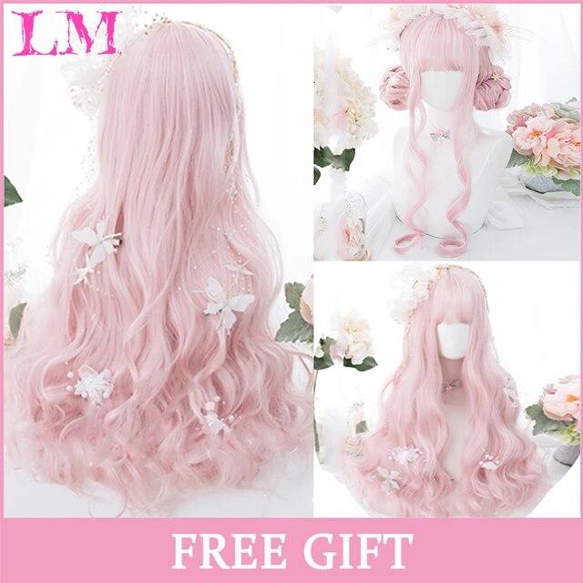 

Синтетические волосы, длинные волны, черные и розовые парики Лолиты для женщин, парик для косплея с челкой, термостойкий для Хэллоуина и Рождества