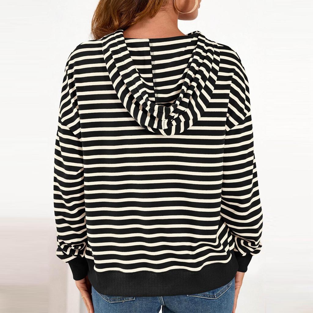 Damen Gestreiftes Kapuzen Sport Casual T-Shirt Sweatshirt