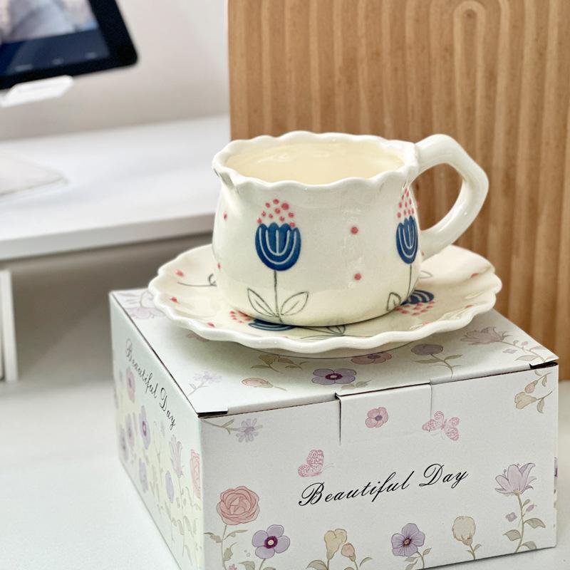 Handbemalte Tulpen-Kaffeetasse Untertasse kreatives Kaffeetassen-Untertassen-Set Nachmittagstee hochwertiger Keramikbecher Damen-Wasserbecher