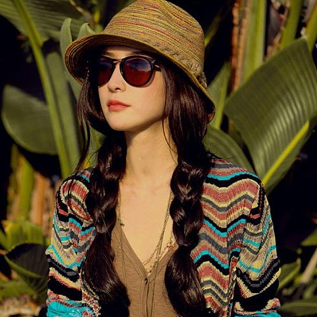 Kvinnor sommar Bohemia stil halmhattar Vikbar randig flätad rep strandsolhatt