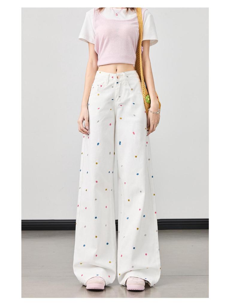 2026 Spring/Summer Women's Plus Size High-Waisted Wide-Leg Jeans with Floral Embroidery - White, Slimming, Versatile