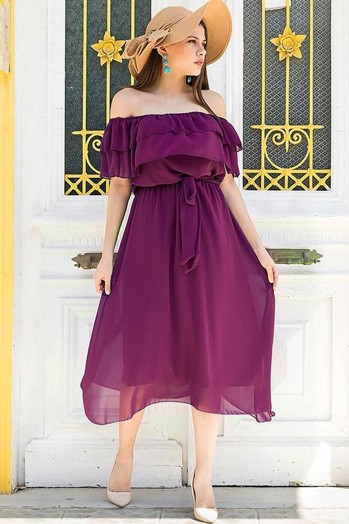 Women's Big Size Dress Carmen Collar Chiffon Dress
