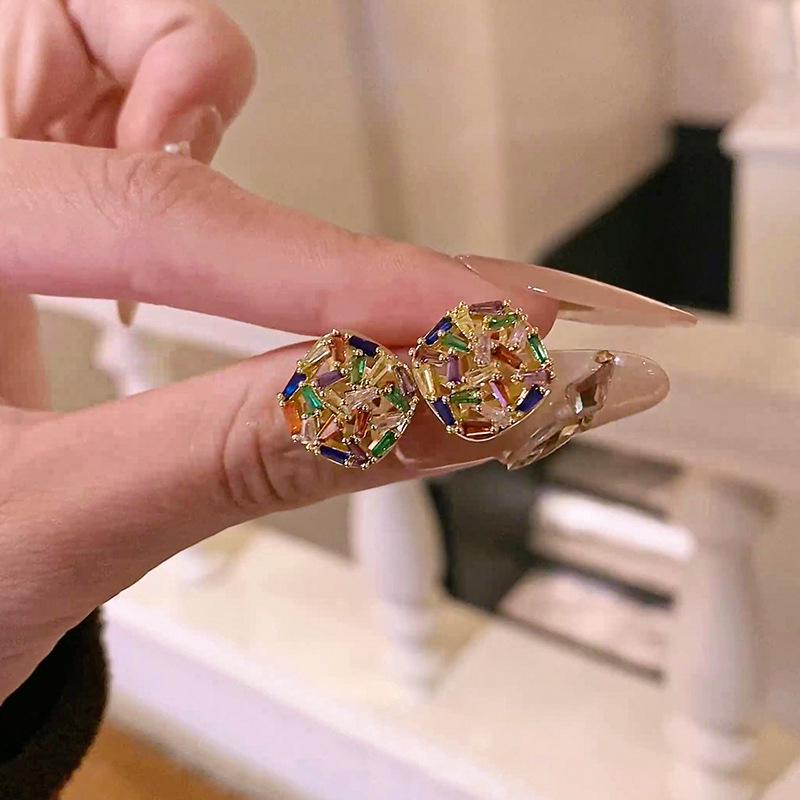 18K Gold Plated Zirconia Square Colorful Stud Earrings, High-End Light Luxury, Elegant & Exquisite Design.