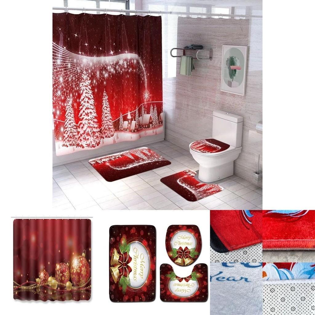 4pcs Christmas Shower Curtain And Toilet Cushion Set Cover Mat For Festive Bathroom Decor
