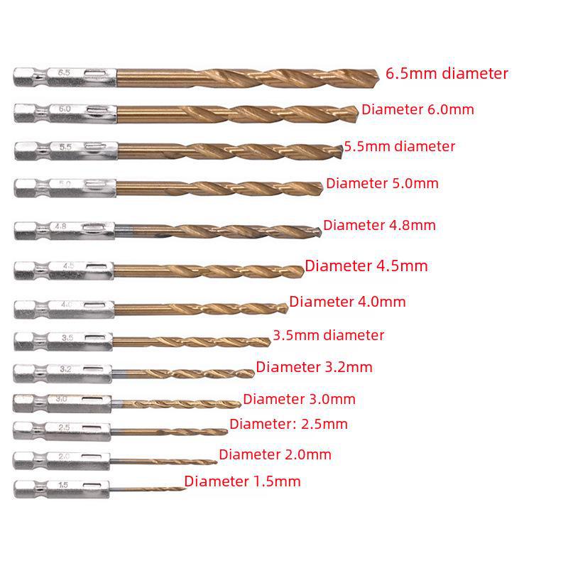 13-Piece Titanium-Plated Hex Shank Twist Drill Set, 1.5-6.5mm High-Speed Steel Bits for Electric Drills