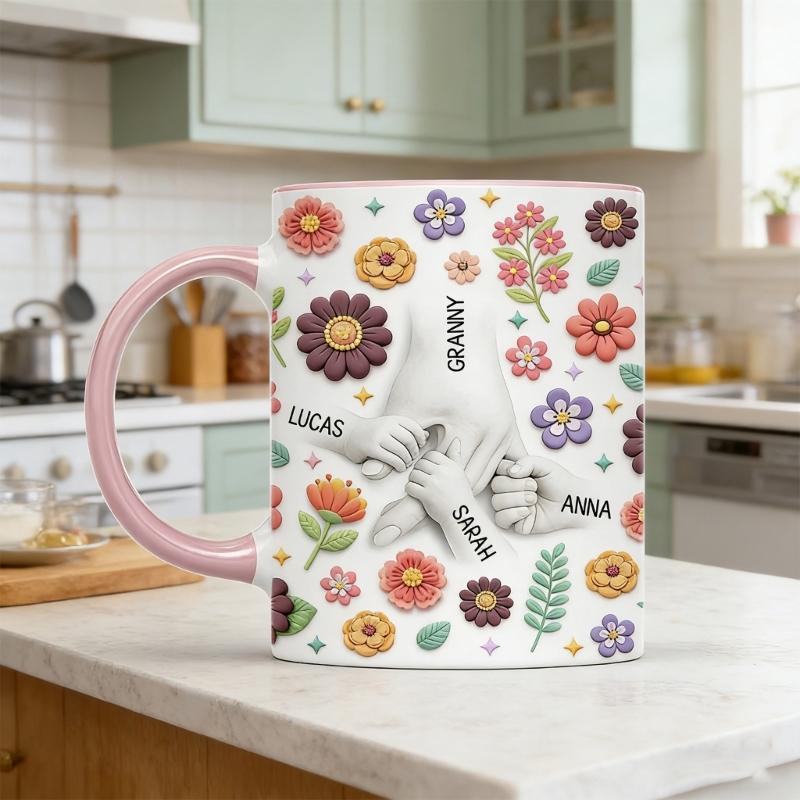 Artistic Florals Print Ceramic Mug Holding Mum Hand Designs Drinking Cup Great For Home Offices Or Cafes
