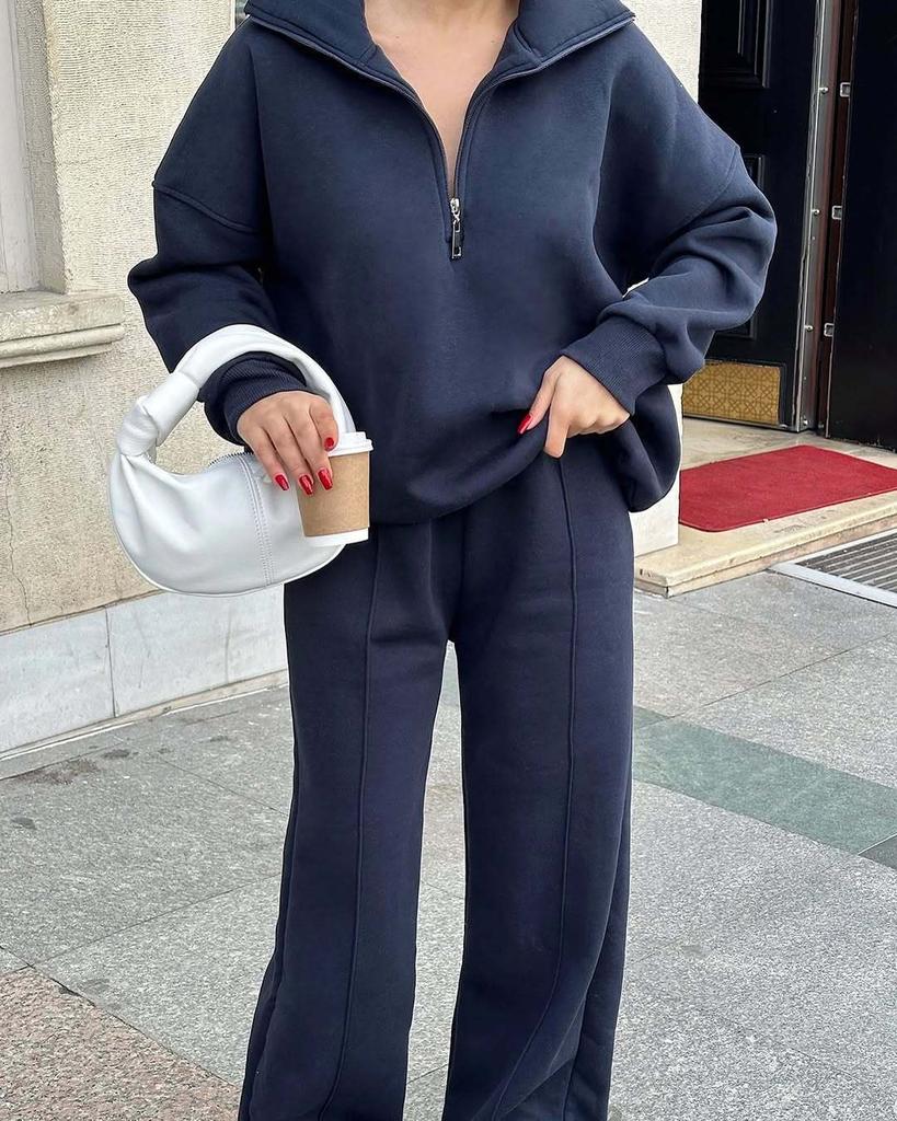 Graues Kapuzen-Sweatshirt mit Reißverschluss und weitem Hosenanzug