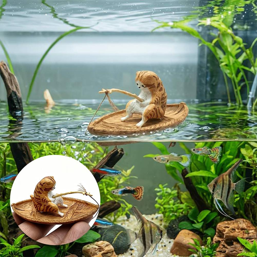 1Pc Creative Cat Fishing Boat Aquarium Ornament Premium Resin Marine Theme Durable Fish Tank Landscape Decor Aquarium Ornament