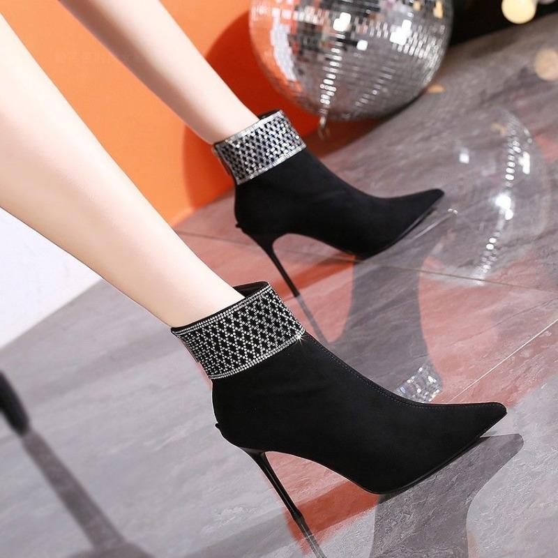 Women's Slim Heel Single Boots Winter New Pointed Suede Back Zipper Anti-slip Wear-resistant High Heels