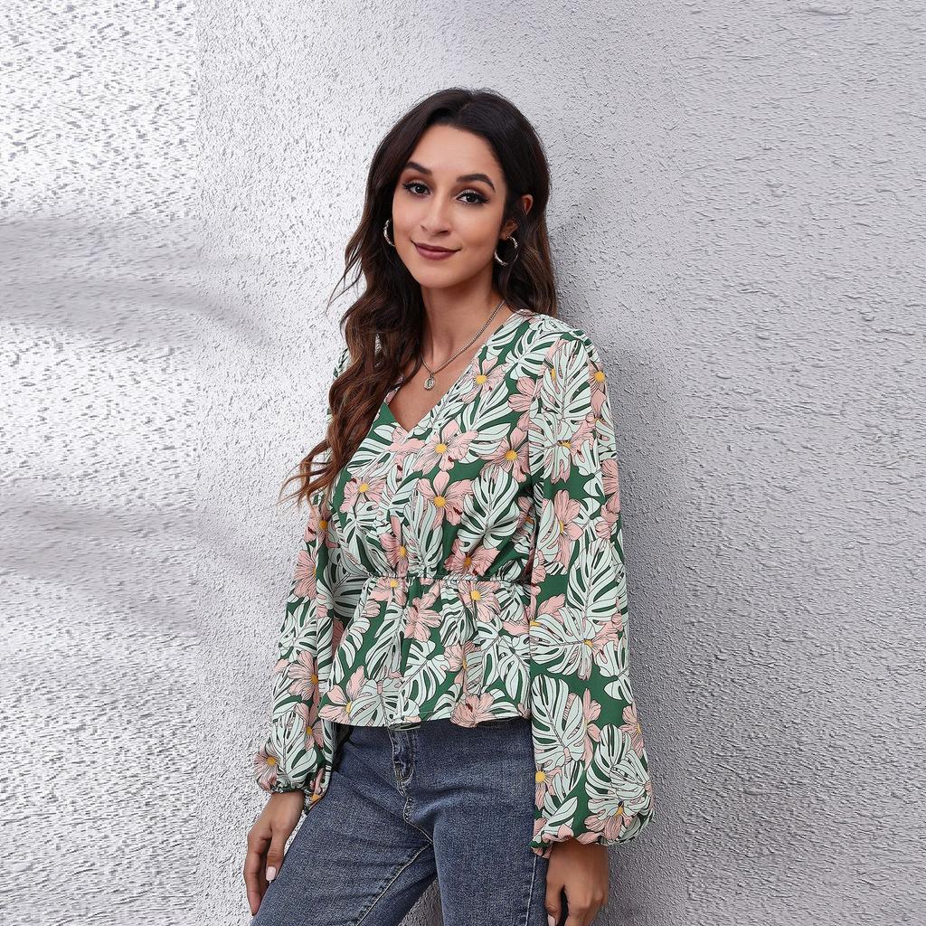 BITCED 19 Floral Checkered Chain Floral Checkerboard Printed Long Sleeve Chiffon Shirt for Women Spring and Autumn