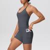 Europäisch-Amerikanisches Wolkengefühl Yoga-Tanktop & Shorts Set: Einfarbig, Seil-Träger, Schöner Rücken, Tasche, Figurbetont für Damen
