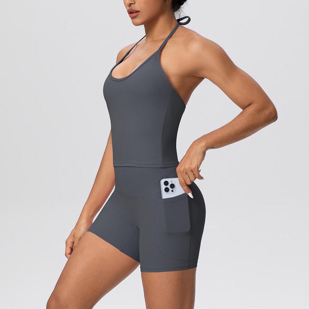 Europäisch-Amerikanisches Wolkengefühl Yoga-Tanktop & Shorts Set: Einfarbig, Seil-Träger, Schöner Rücken, Tasche, Figurbetont für Damen