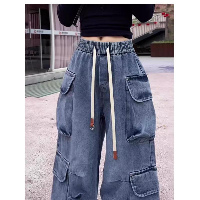 Amerikanische Retro High Waist Elastischer Bund Gerades Bein Mehrere Taschen Arbeitshose Damen Frühling und Herbst Neu Weiche Jeans