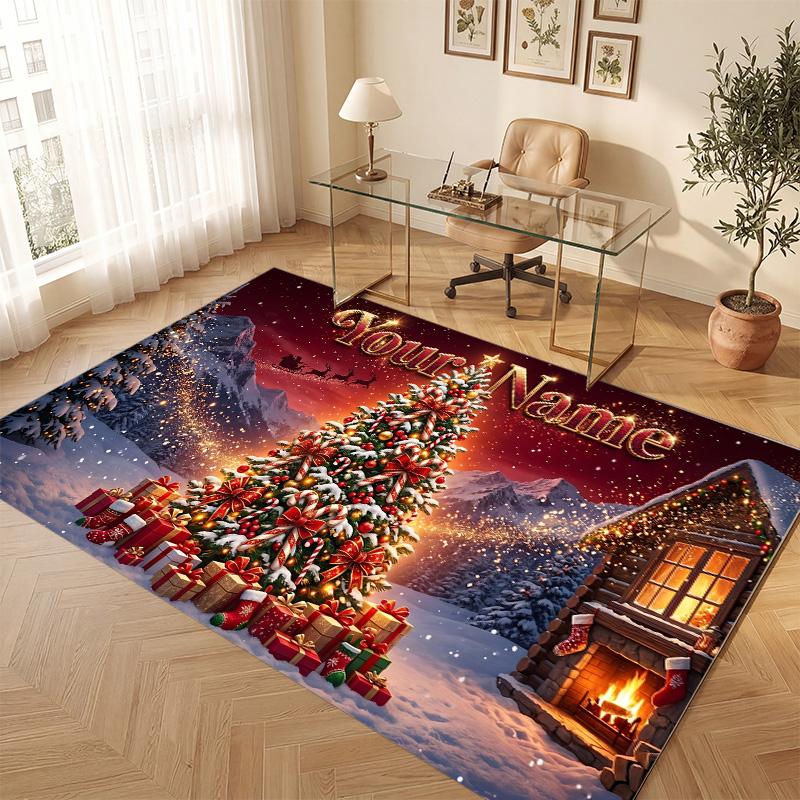 Weicher Kristall-Samt-Teppich mit Weihnachtsmotiv, individuell bedruckbar mit Namen & Text, rutschfester Bodenläufer für Schlafzimmer, Wohnzimmer