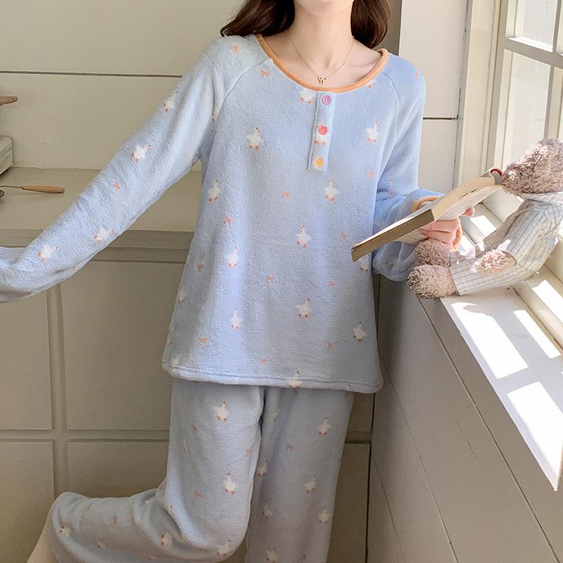 Winter new warm fleece thickened coral fleece warm pajamas women s sweet printed flannel spot M