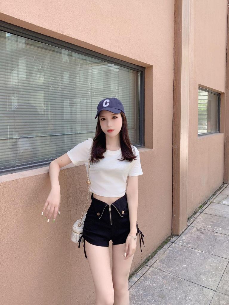 Women's Large Black Wide-Leg Drawstring Zipper A-Line High Waist Casual Shorts - Spring/Summer 2025